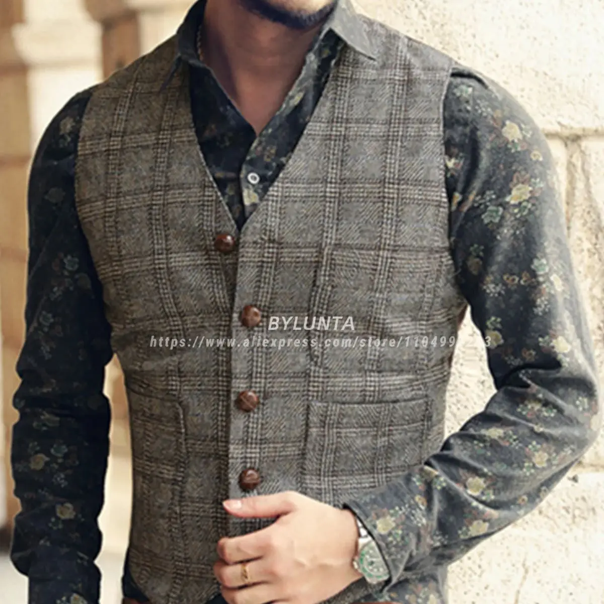 Bylunta Brown High-quality Buttons Casual Plaid Wool Men's Vest Waistcoat Wedding Cowboy Style Groomsmen