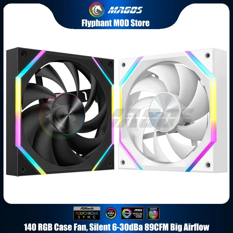 140 RGB Case Fan, Silent 6-30dBa 89CFM Big Airflow,  14CM PC Cabinet Cooler 14025 Support Mobo 5V ARGB SYNC