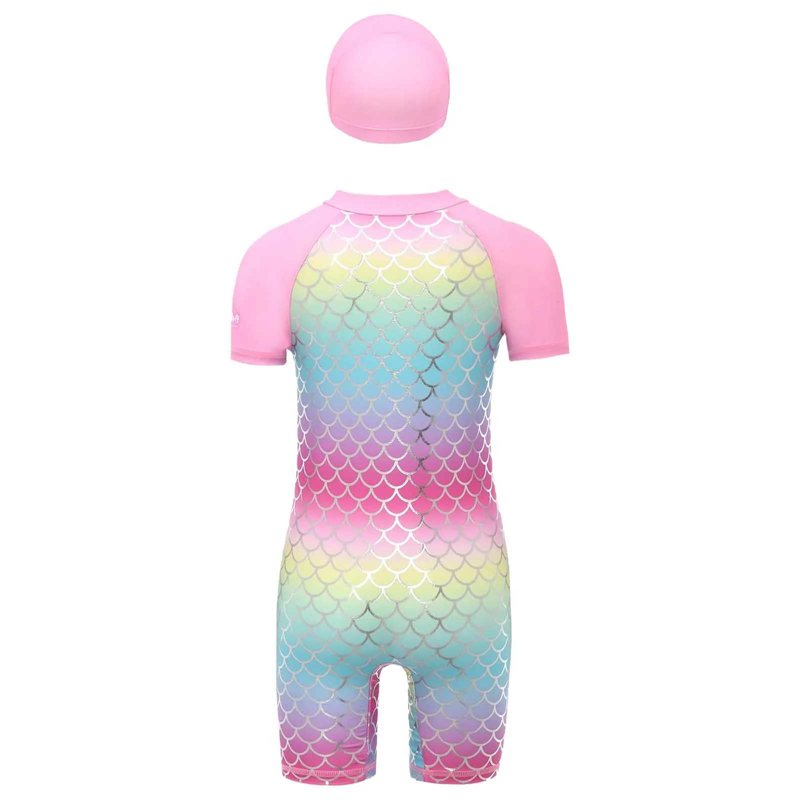 Mädchen-Badeanzug im Meerjungfrau-Stil, kurze Ärmel, Bodykleid mit Hut, glitzernder Farbverlauf, Fischschuppen-Druck, Badebekleidung, Strand-Sonnenschutz-Anzug