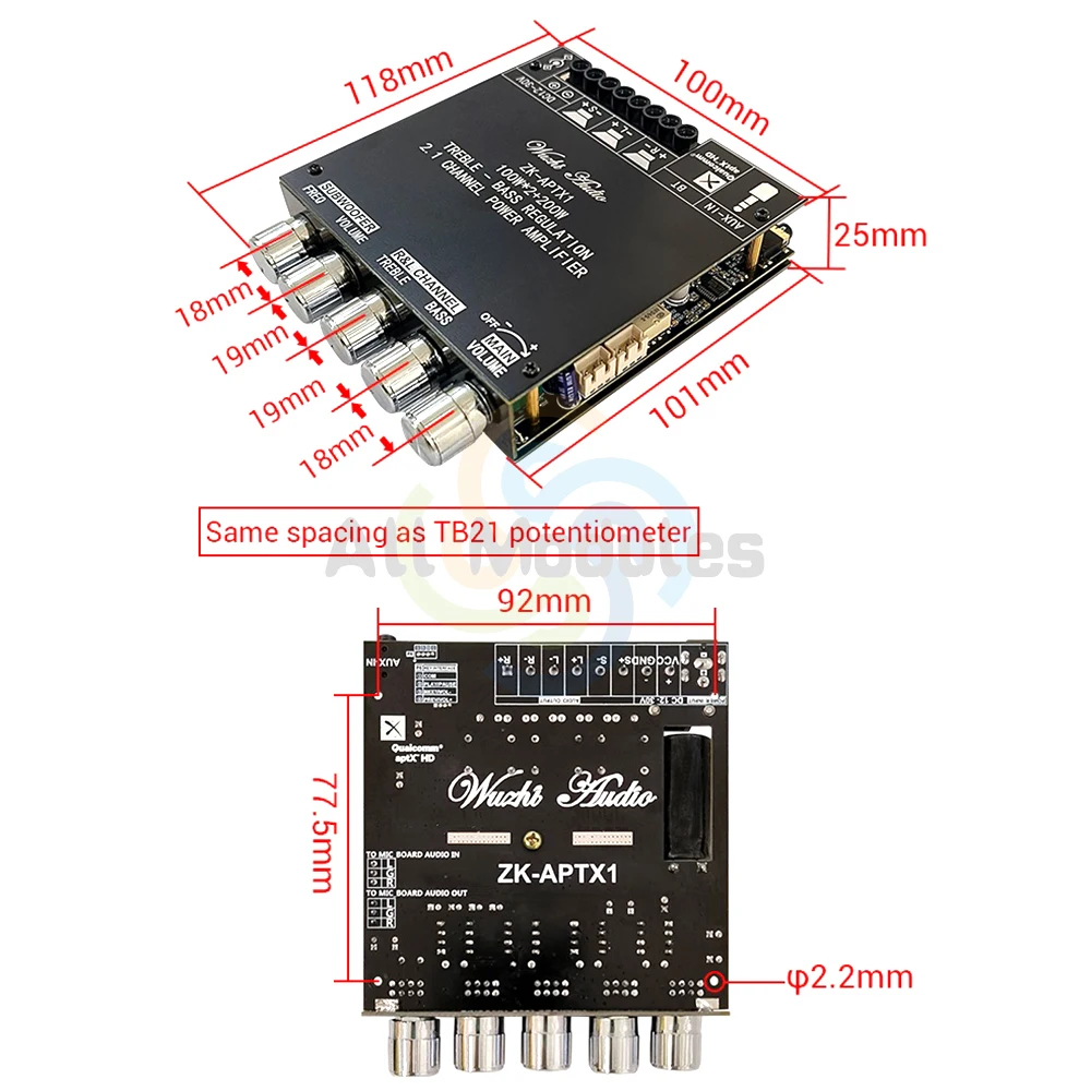 ZK-APTX1 BT Digital Amplifier Board 2.1 Channel 100Wx2+200W Power Audio Stereo Bass AMP QCC3034 TPA3221