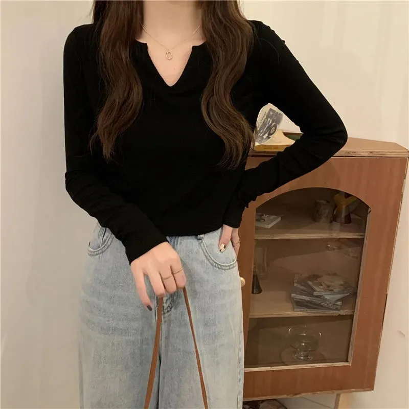 Y2K Goth Kwaii K-fashion V-neck T-shirt T shirt Women Slim Long Sleeves Crop Top Autumn Sexy Vintage Tee Tshirt Woman Clothing