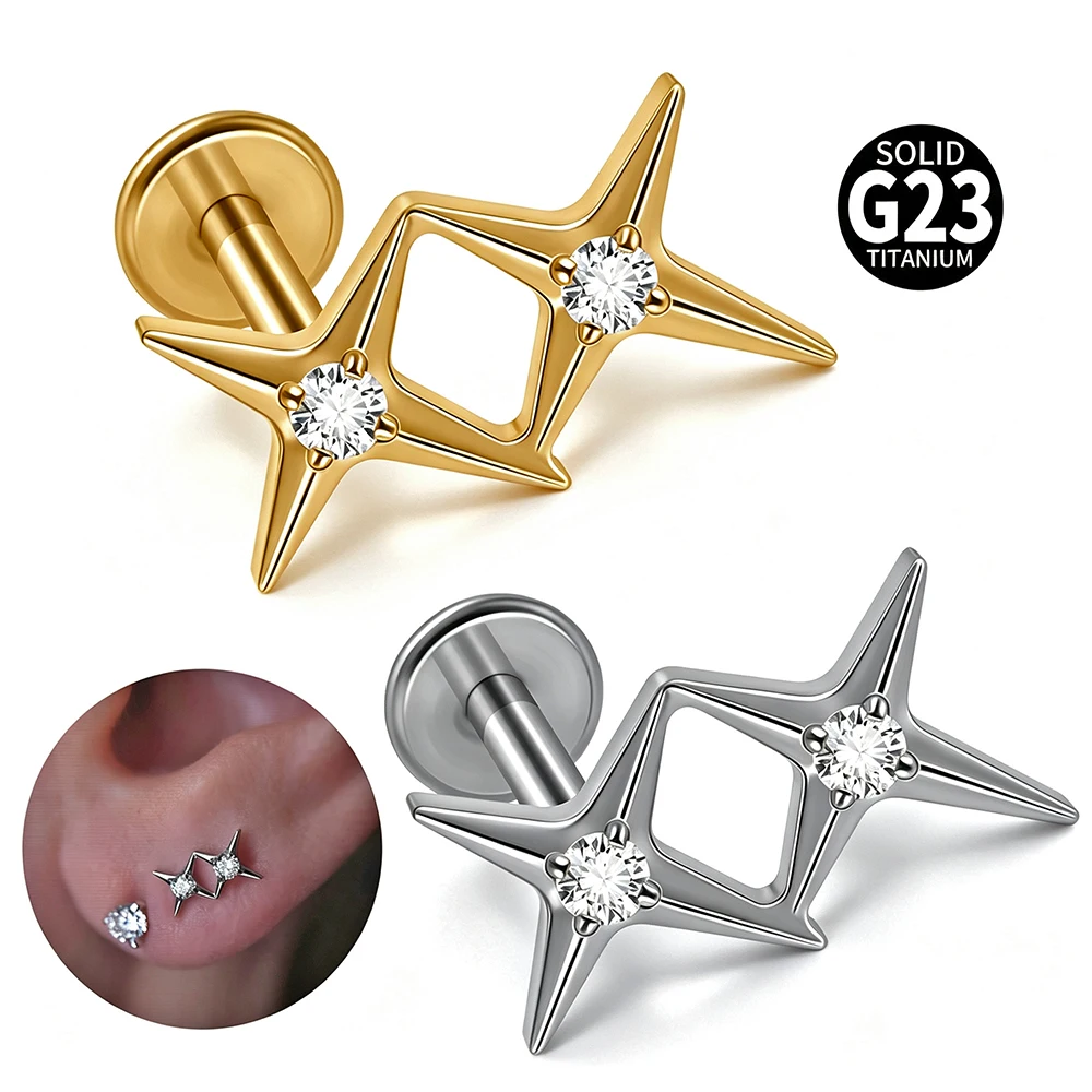 16G G23 Titanium Double Star Cartilage Stud Internal Thread Sparkly Zircon Tragus Helix Conch Labret Lip Piercing Body Jewellery