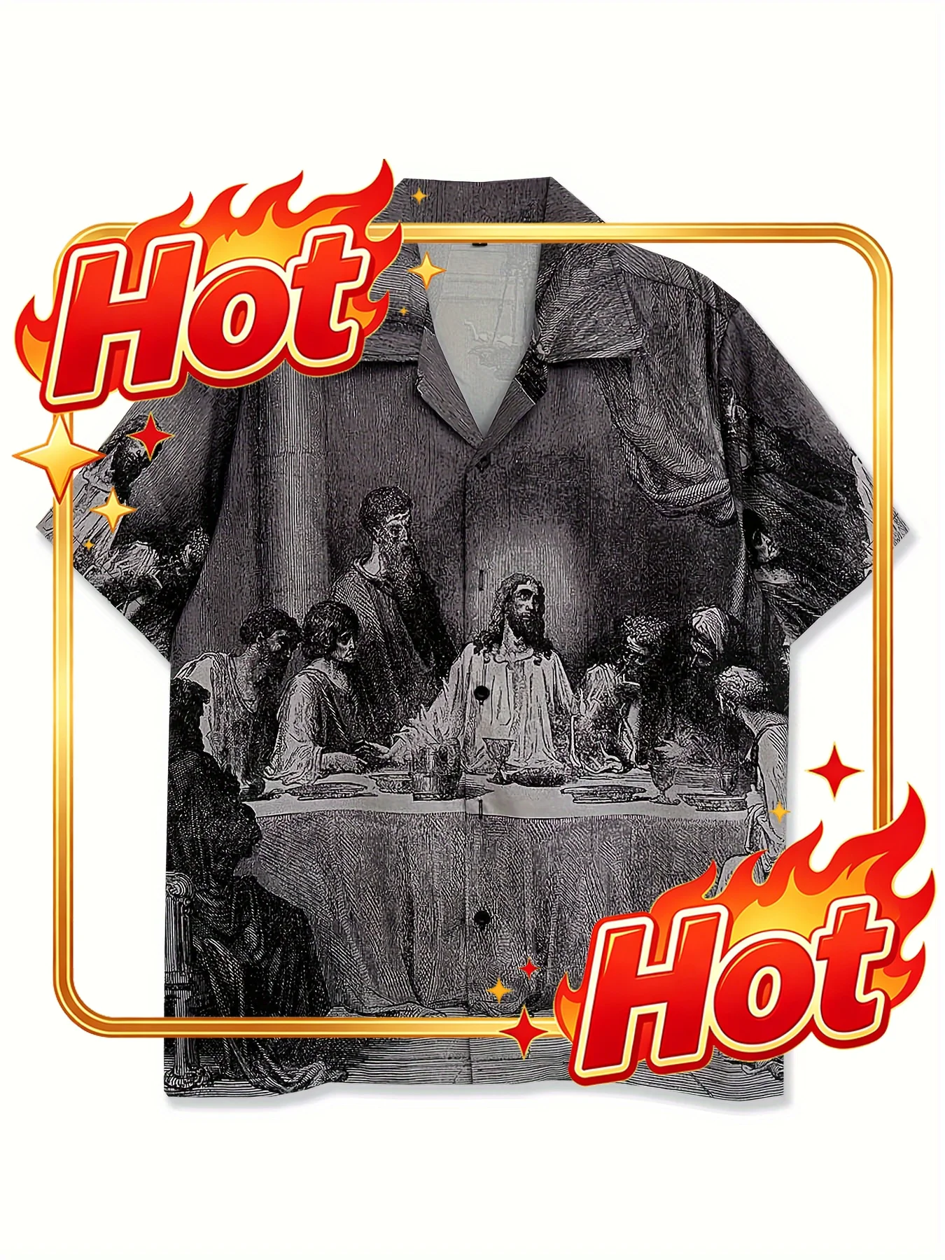 Four-way Stretch Printed Shirt, Unisex, Medieval Sketch Style, Religious Supper Ritual Pattern