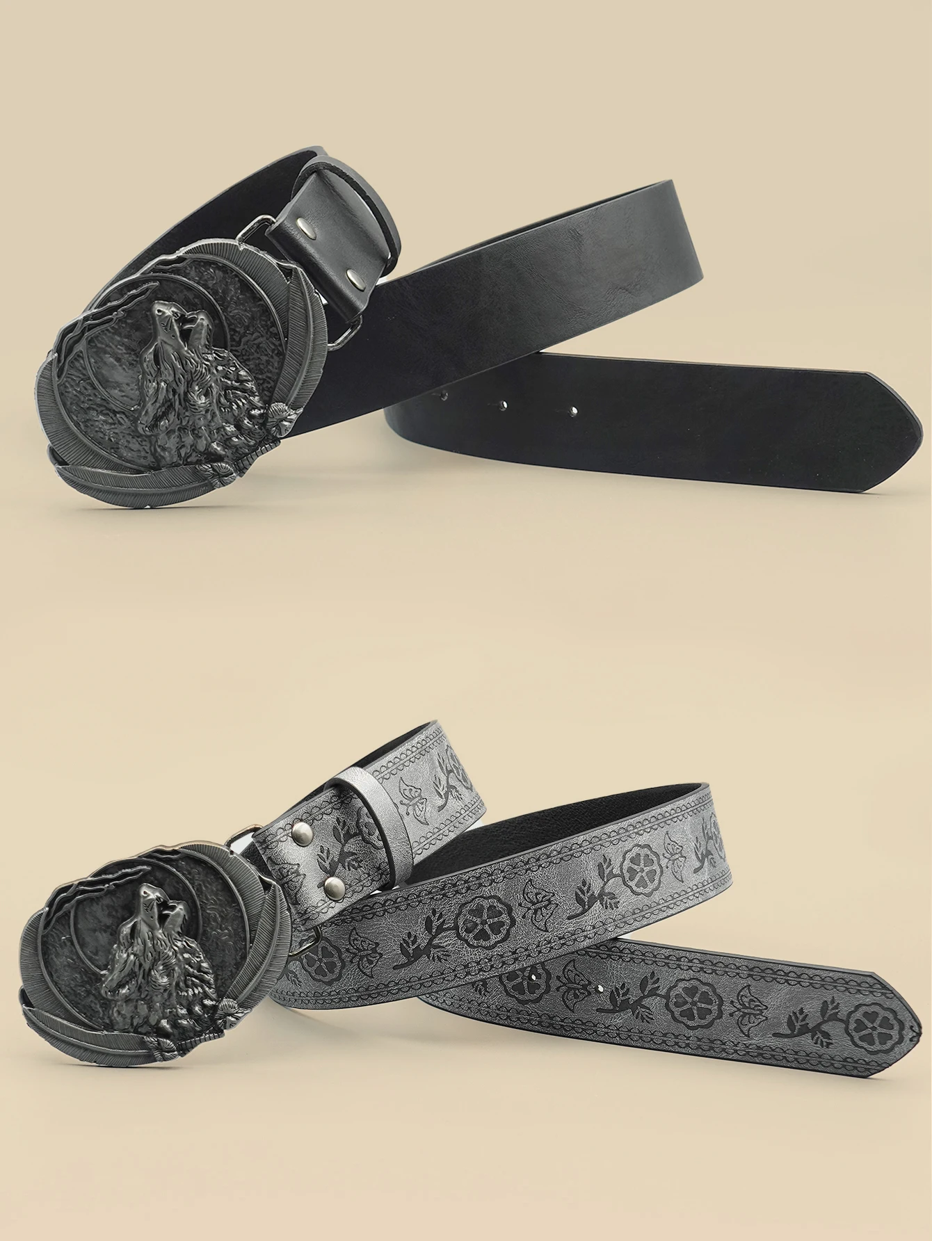 Men Vintage Western Wolf Buckle Streetwear Casual Pu Leather Belt