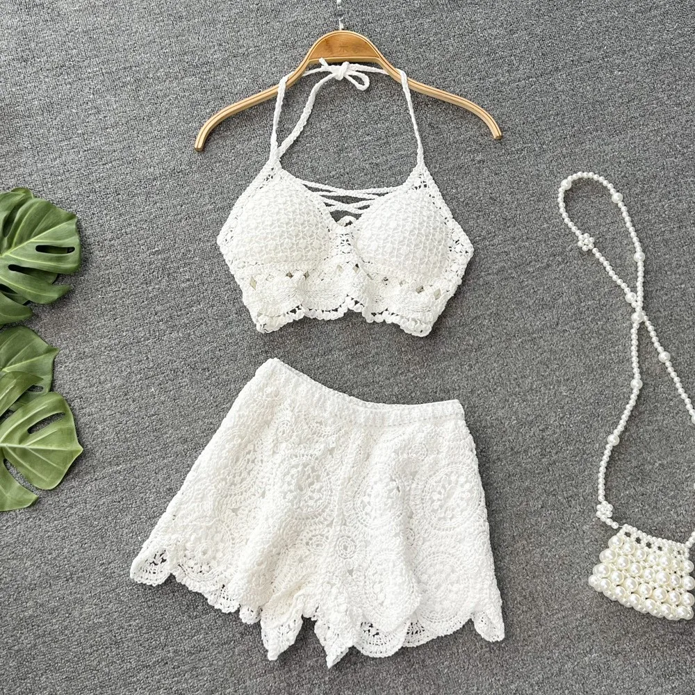 Beach Vaion Hot Spring Knitted Swimsuit Set Women's Sexy Hollow out Ne Hanging Vest Two Piece High Waist Wide Leg orts