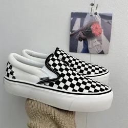 2024 Thick Sole Black White Checkered Sneakers Slip On Pink Canvas Shoes Checkered Pattern Female  Girls Students Casual Shoes