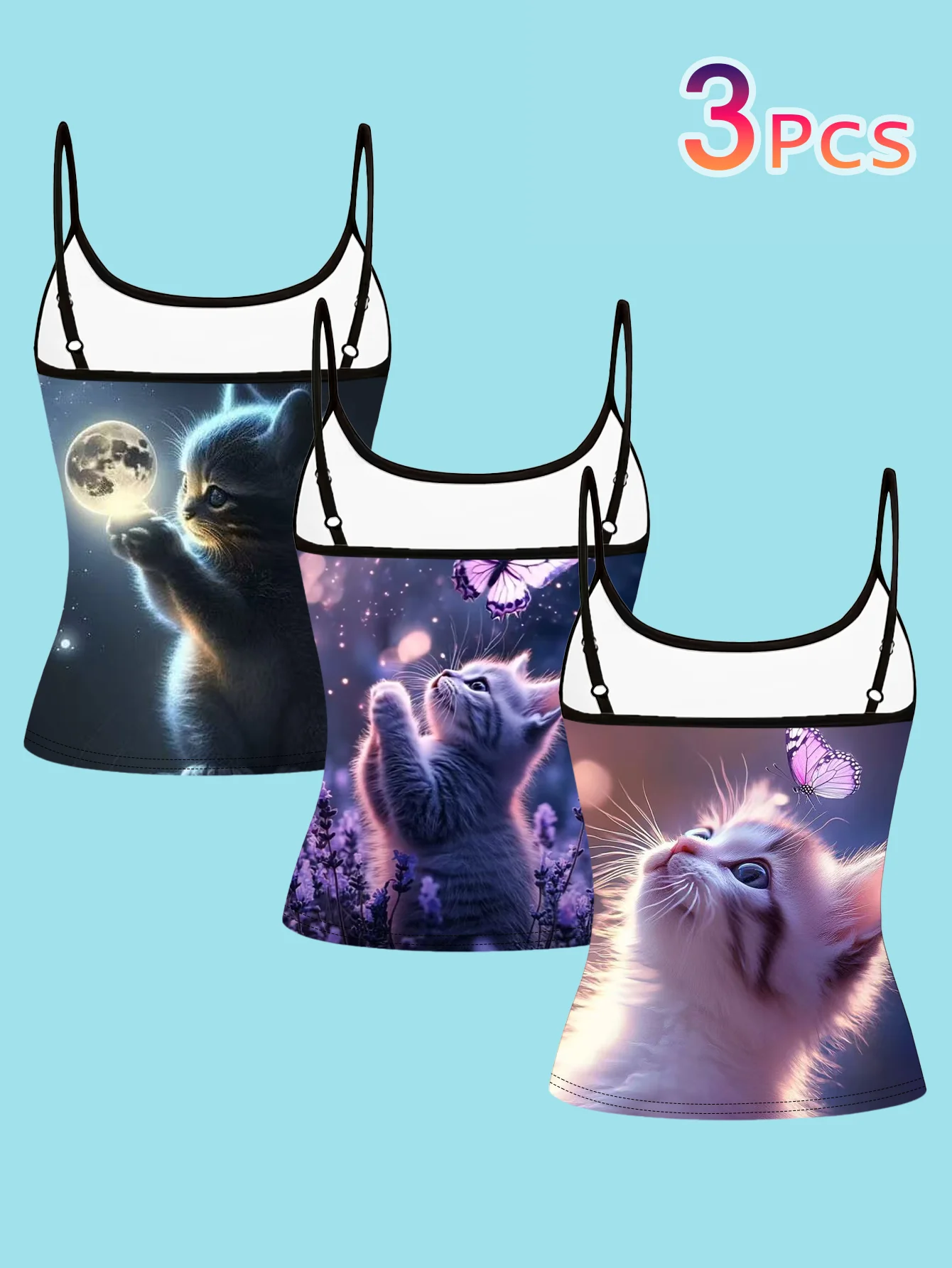 3-Pack of Dreamy Cat and Butterfly Print Camisoles for Women, Cute and Adorable Slim-Fit Sleeveless Summer Tank Tops