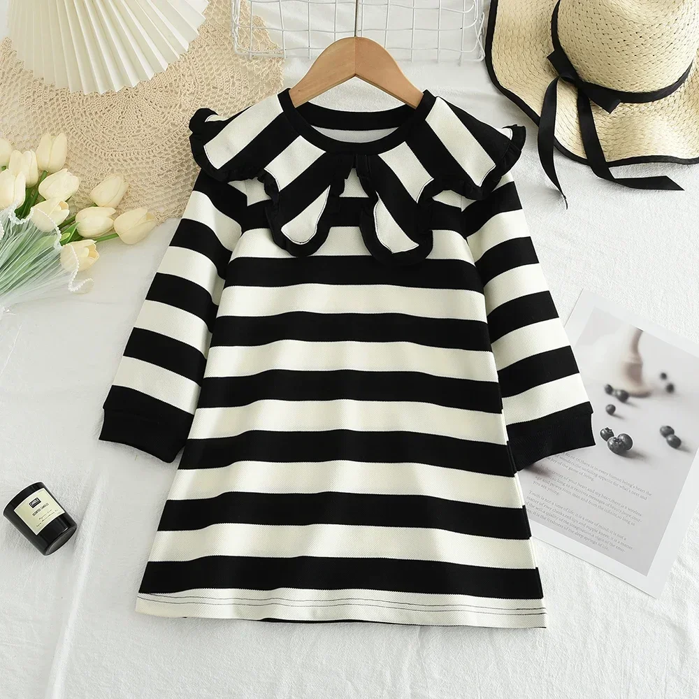 

Autumn New Striped Printed Girls' Casual Dresses Color Blocked Long Sleeved Lapel Kids Dress Daily Simple Children's Clothing