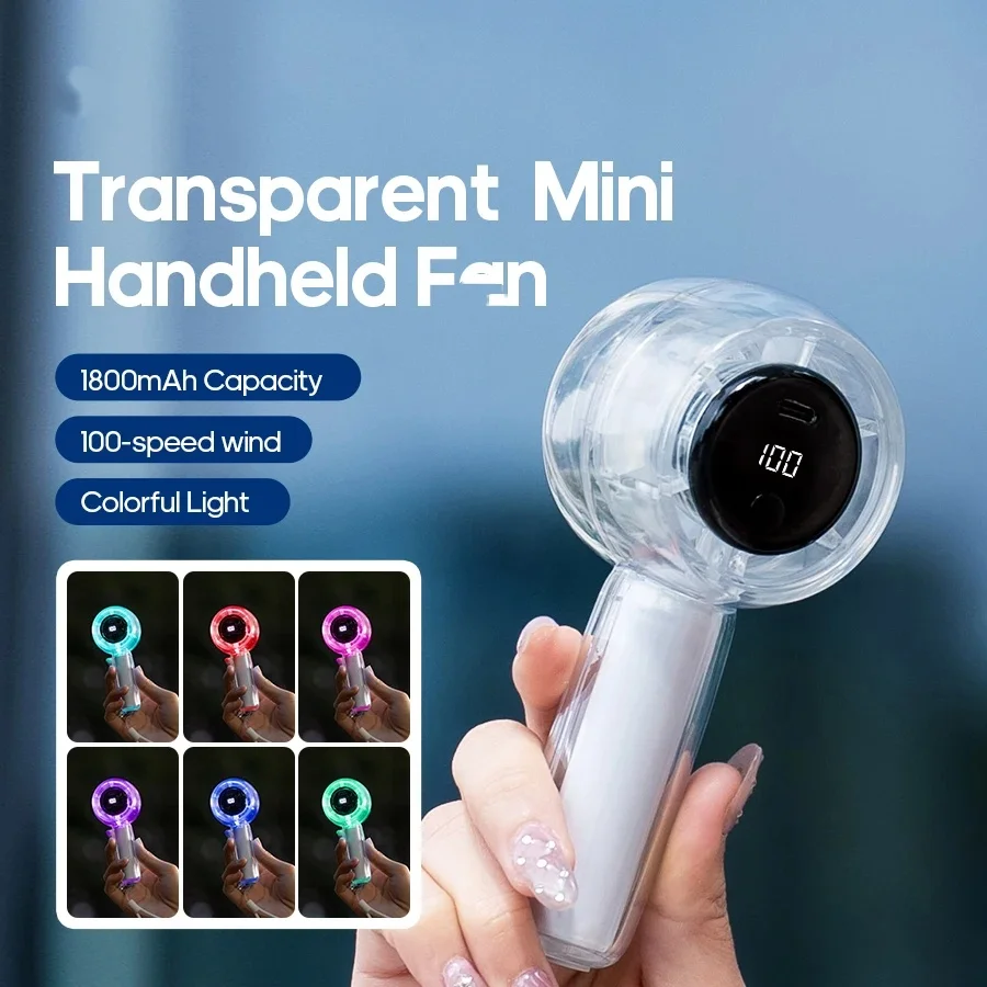 

Новейший портативный прозрачный ручной вентилятор 1800 мАч, мини-вентилятор с зарядкой через USB, 100 скоростей, регулируемый со светодиодным цифровым дисплеем и цветной подсветкой