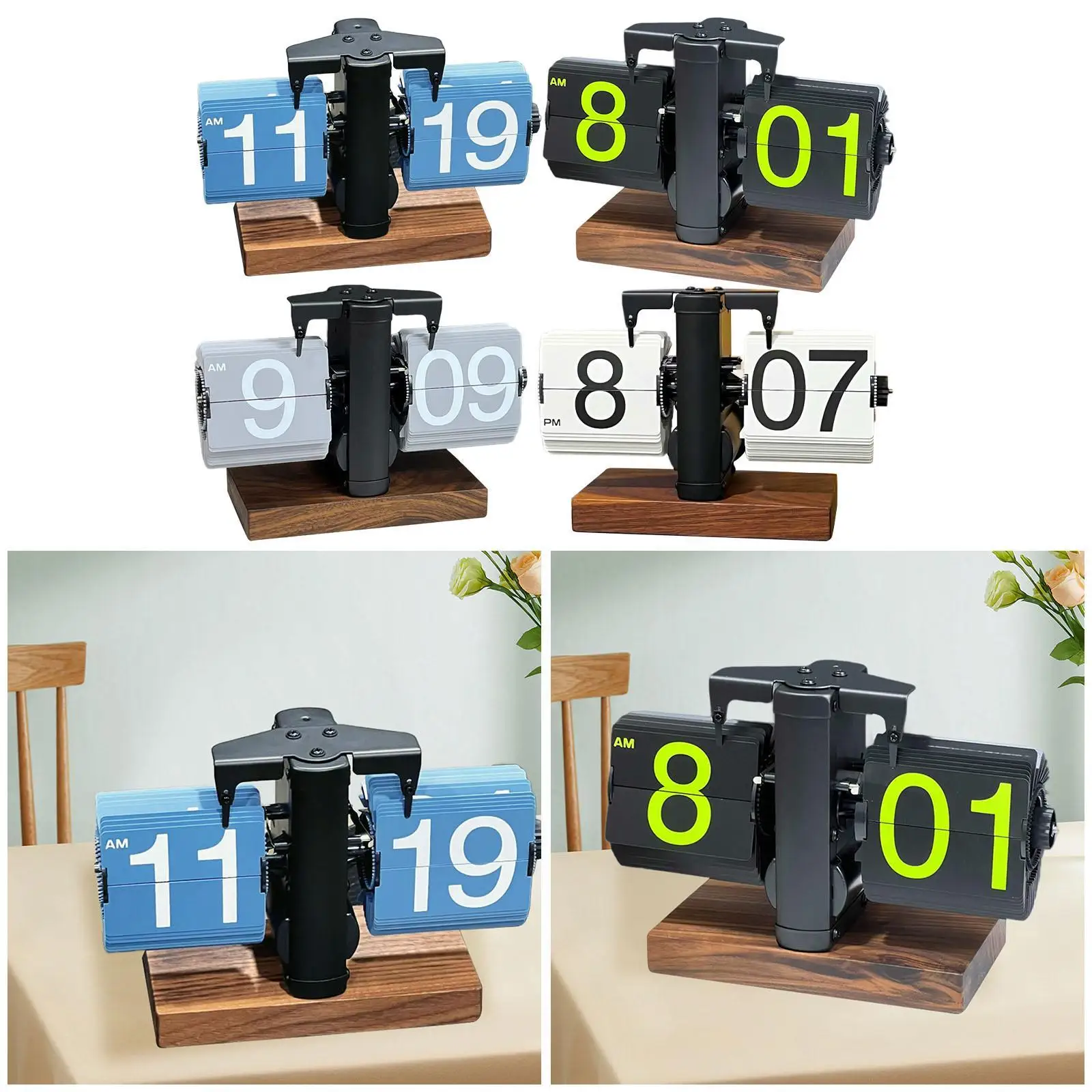 Auto Flip Clock with Wood Stand Large Number Display Flip Desk Clock Mechanical for Bedside Cafe Dining Table Bedroom Adults