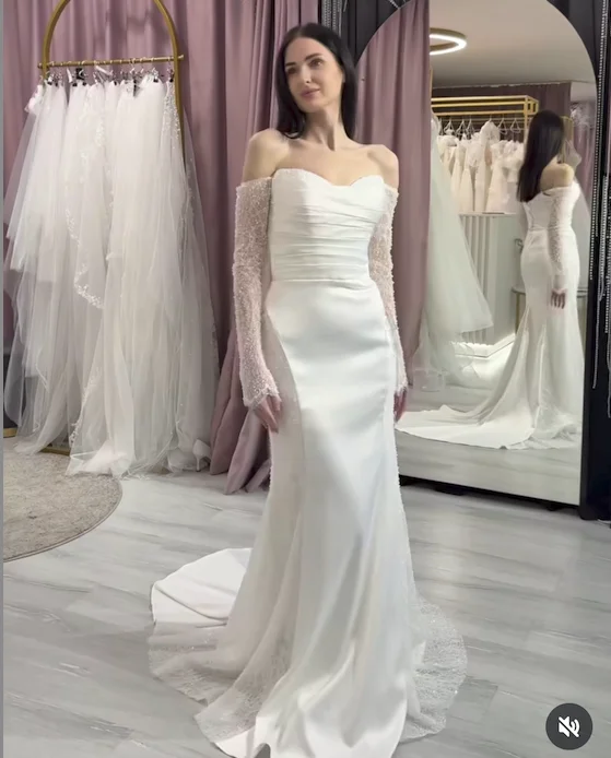 Suknie Ślubne 2026 Szyte na Miarę Dekolt w Serek Długi Rękaw Koronka Długość do Podłogi Błyszczące Zapięcie na Zamek Eleganckie vestidos de novi