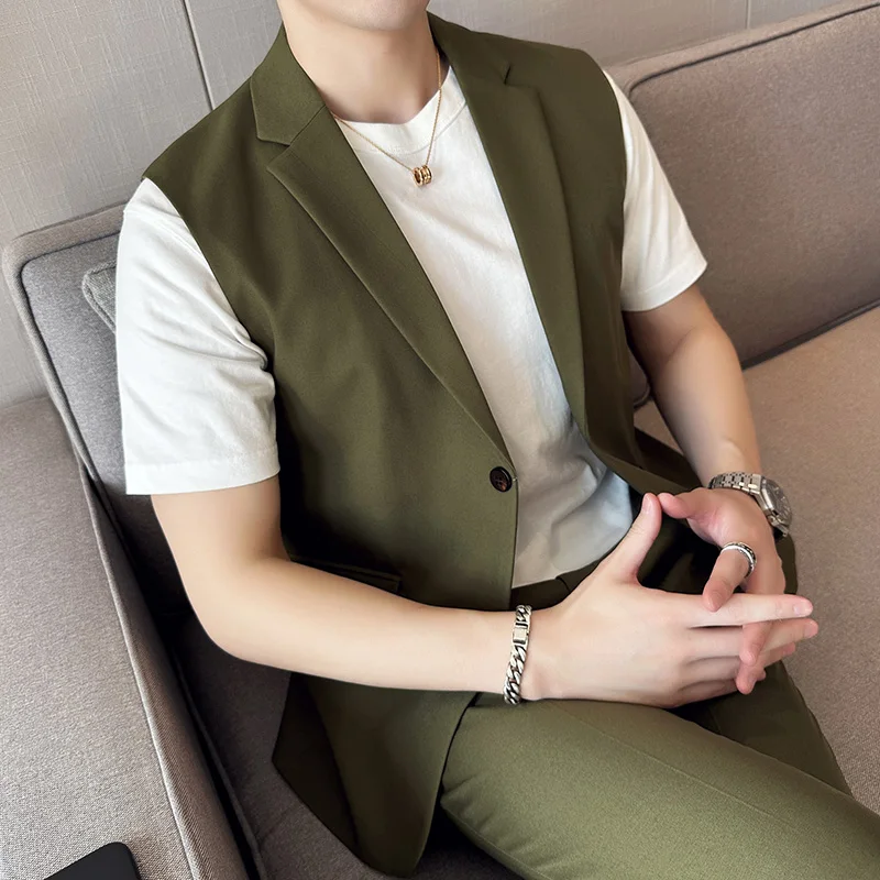 

Haute Couture Summer Men Pure Color Sleeveless Blazer Korean Version Slim-fit Business Social Suit Jacket Men Banquet Suit Dress