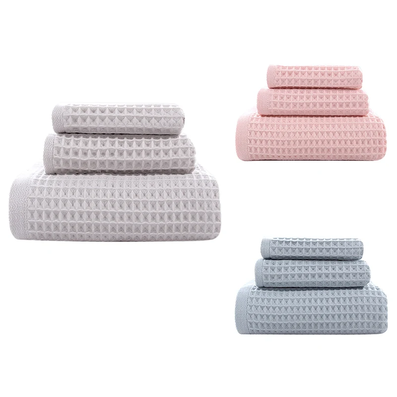 3-Piece Waffle-Pattern Towels Set Square Towel & Towel & Bath Towel For Bathroom