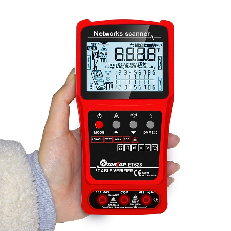 네트워크 케이블 테스터, 시각적 결함 로케이터, 디지털 LCD 아날로그 검색, POE 테스트 케이블, 페어링 길이, 와이어맵 체크 멀티미터, ET628