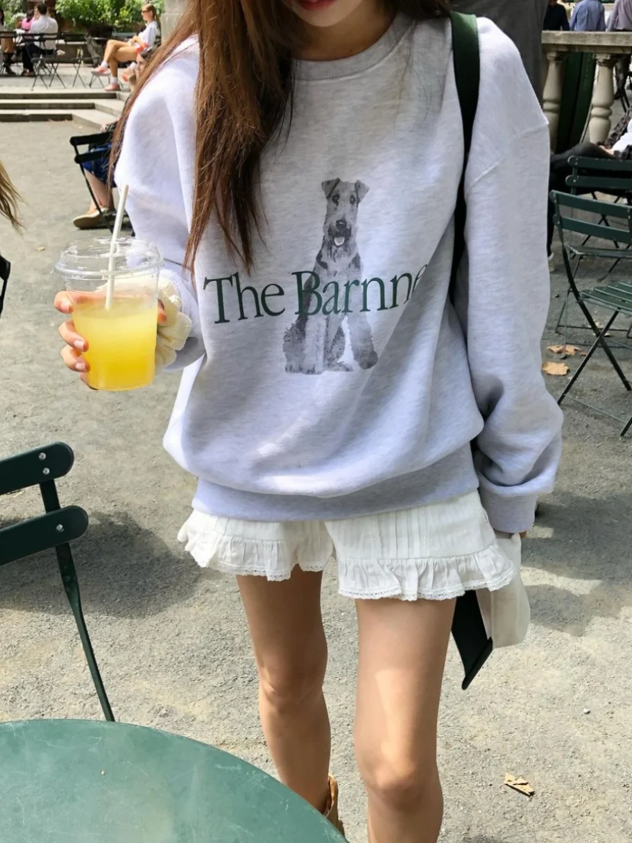 

Женская хлопковая толстовка свободного кроя с буквенным принтом и собачьим мотивом, с длинными рукавами и круглым вырезом, для повседневной носки, модная уличная одежда