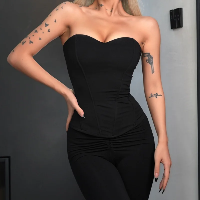 High Waist Bare Shoulder Corset Women Fashion Elegant Slim Sleeveless Corsets Tanks Camisole Sexy Boned Backless Zipper Crop Top