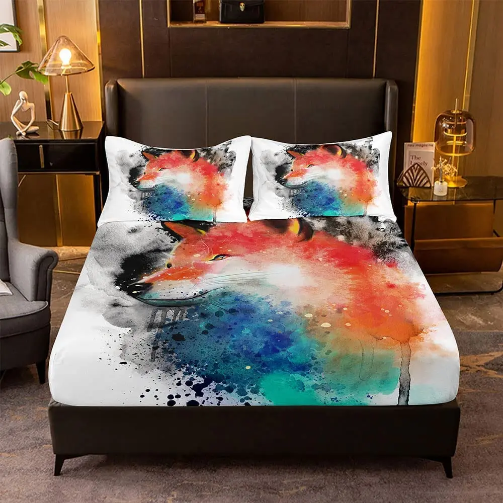 

Fox Fitted Sheet with 2 Pillowshames Red Fox Print Animal Theme Watercolour Bedding Set for Teens Bedroom Decor King Queen Size