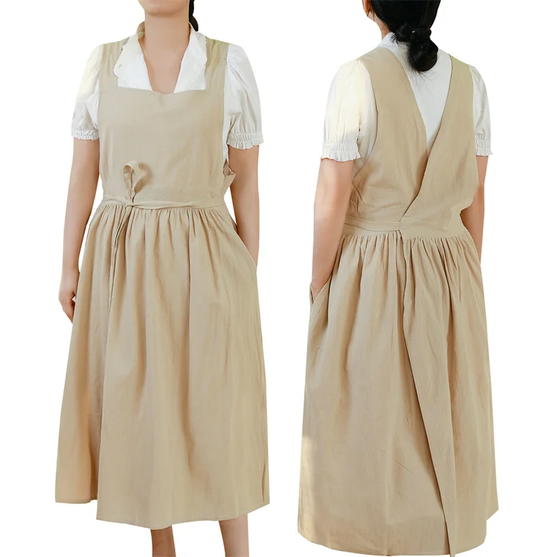 

Double-sided Long Pleated Apron With Pocket Cotton Linen Women V-neck Flat-neck Split Dress Kitchen Smock For Cooking Gardening