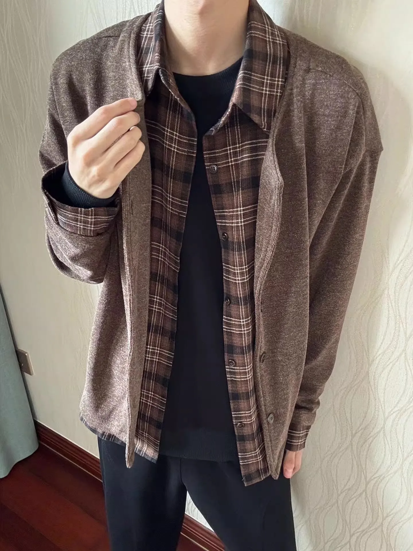 

Cleanfit Plaid Knitted Shirt Men's Spring Autumn Lazy Style Standard Fit Long Sleeve Button down Cardigan Coat Regular Length