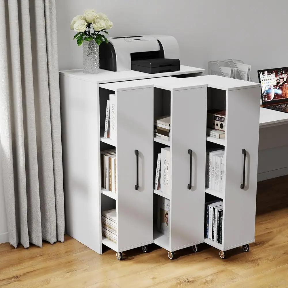3-Tier Pull-Out Door Bookshelf, Mobile Storage Cabinet for Home Office, Living Room, and Bedroom