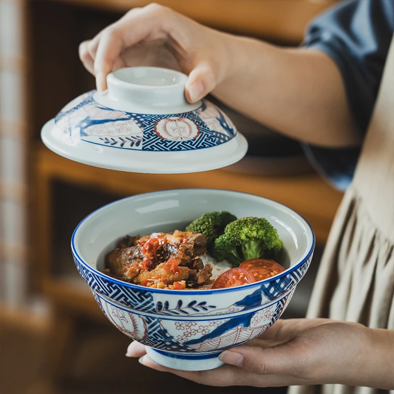 

1 шт., аксессуары для кухонной утвари с крышкой, круглая миска, бытовая японская керамическая миска с крышкой, подходит для домашнего использования в ресторане