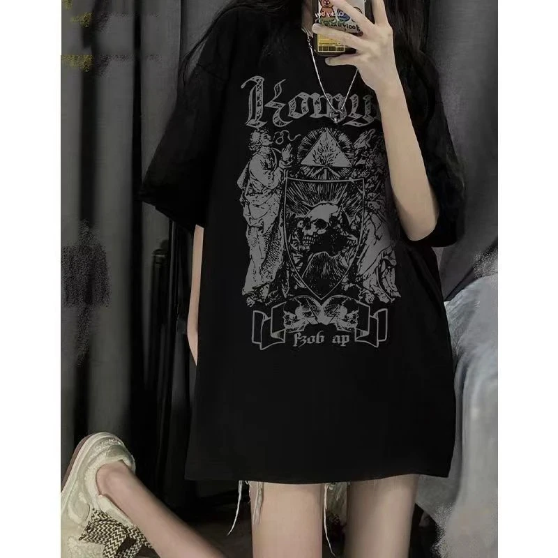 New Summer Japanese Ins Dark Cartoon Angel Girl Print Loose Black Short-Sleeved Round Neck Cotton T-Shirt Female Oversized Tops