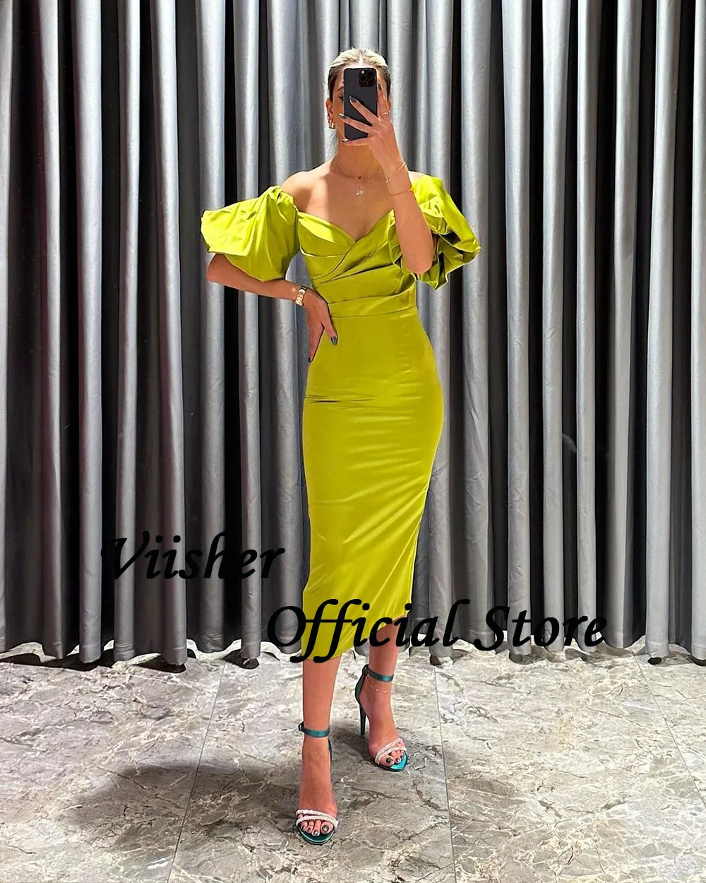 Viisher-Robe de Soirée Sirène en Satin Jaune Plissée, Manches Courtes, Col en V, Serré, Longueur Thé, Dubaï, Arabie Saoudite, Bal, Quelle que soit