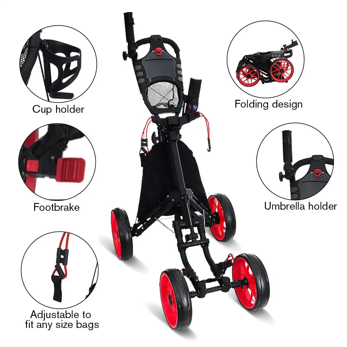 กระเป๋ากอล์ฟ4ล้อรถเข็นอะลูมินัมอัลลอยพับได้รถเข็นกอล์ฟรถเข็นแบบดึงที่วางถ้วยร่มรถเข็นปรับได้พร้อมเบรกเท้า