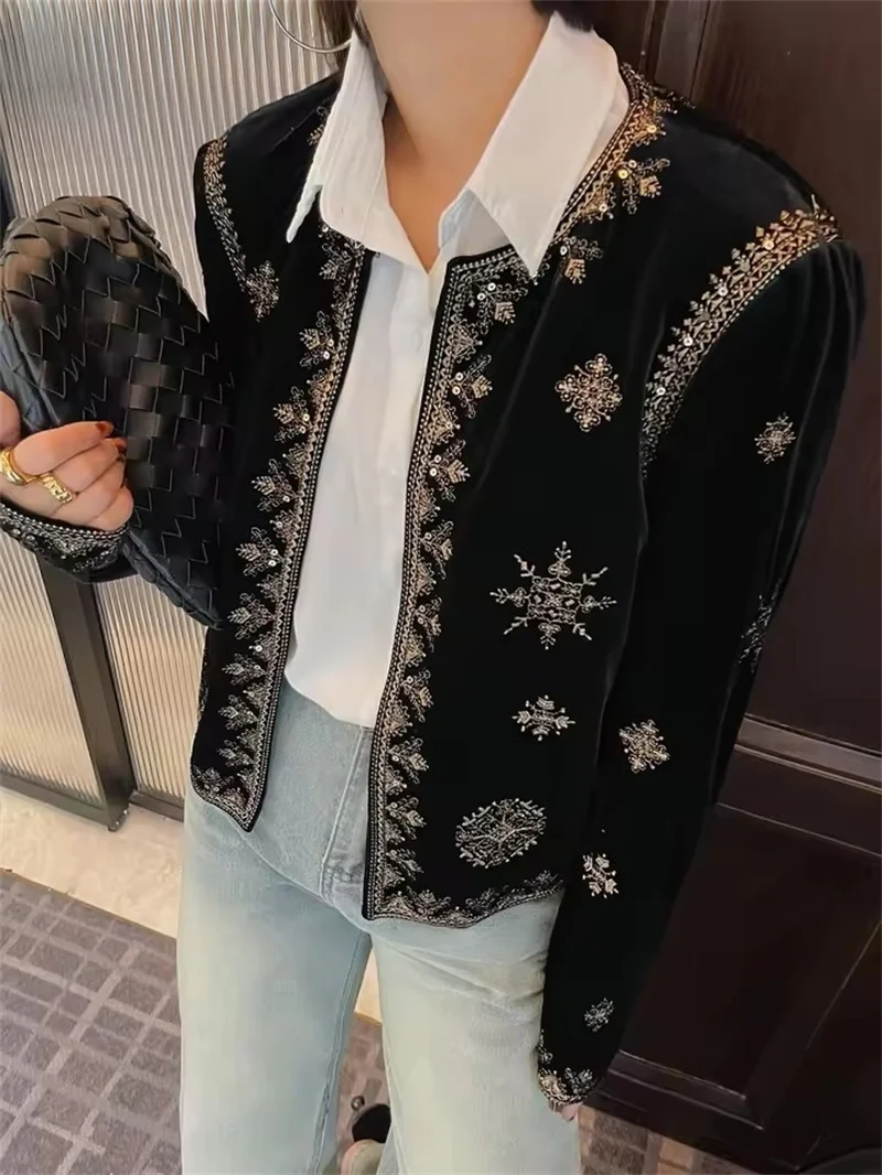 Mode bestickte schwarze Jacke Frau Kleidung 2025, Frühling Herbst Vintage Rundhalsausschnitt, lange Ärmel, lose Pailletten, Bomberjacke
