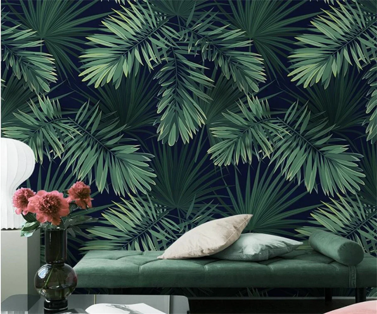 Customizable size mural, Southeast Asian rainforest plant 3d wallpaper, palm leaf, banana leaf decorative painting, tapestry