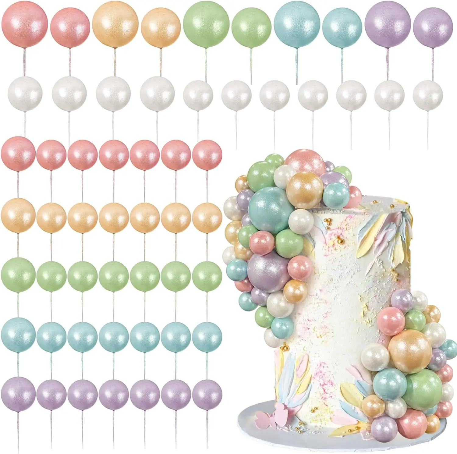 56 Stück Kugel-Kuchen-Picks, bunter kugelförmiger Kuchenaufsatz, Perlenkugeln, Cupcake-Kucheneinsatz-Aufsatz für Hochzeit, Geburtstag, Party – Detail 37