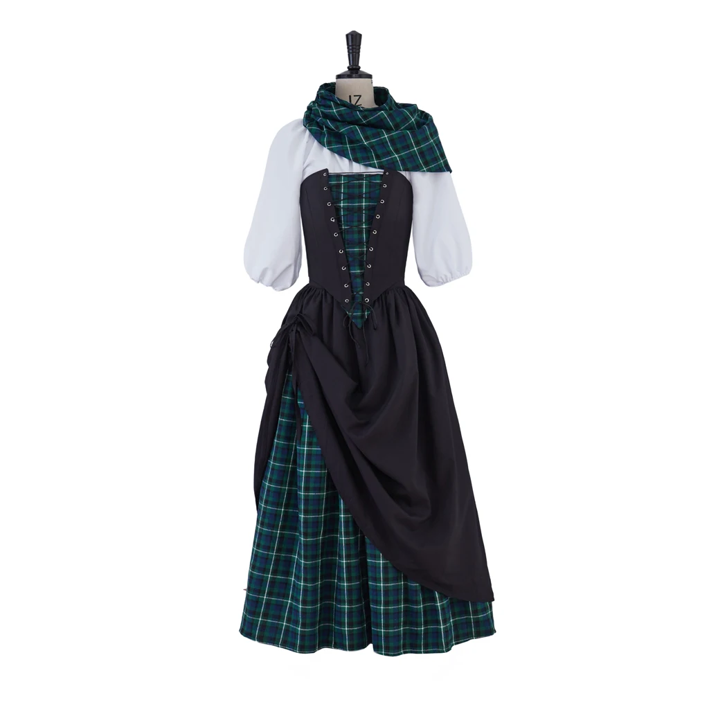 

18th Century Victorian Dress Highland Scotland Costume Medieval Plaid Skirt with Shawl Halloween Carnival Party Costume