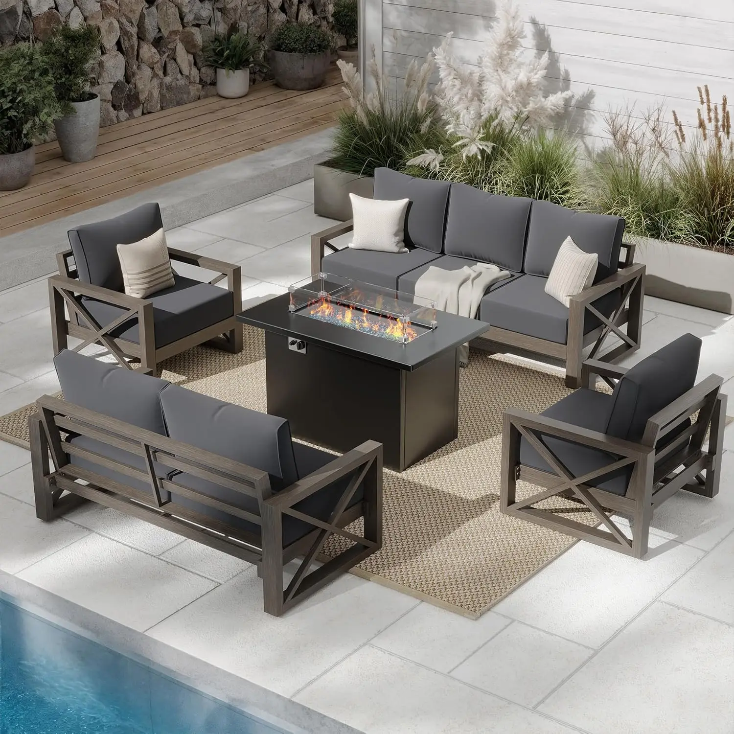 

5 Piece Aluminum Patio Furniture Set with Fire Pit Table,Faux Wood Patio Conversation Set with Olefin Fabric Thick, Customized