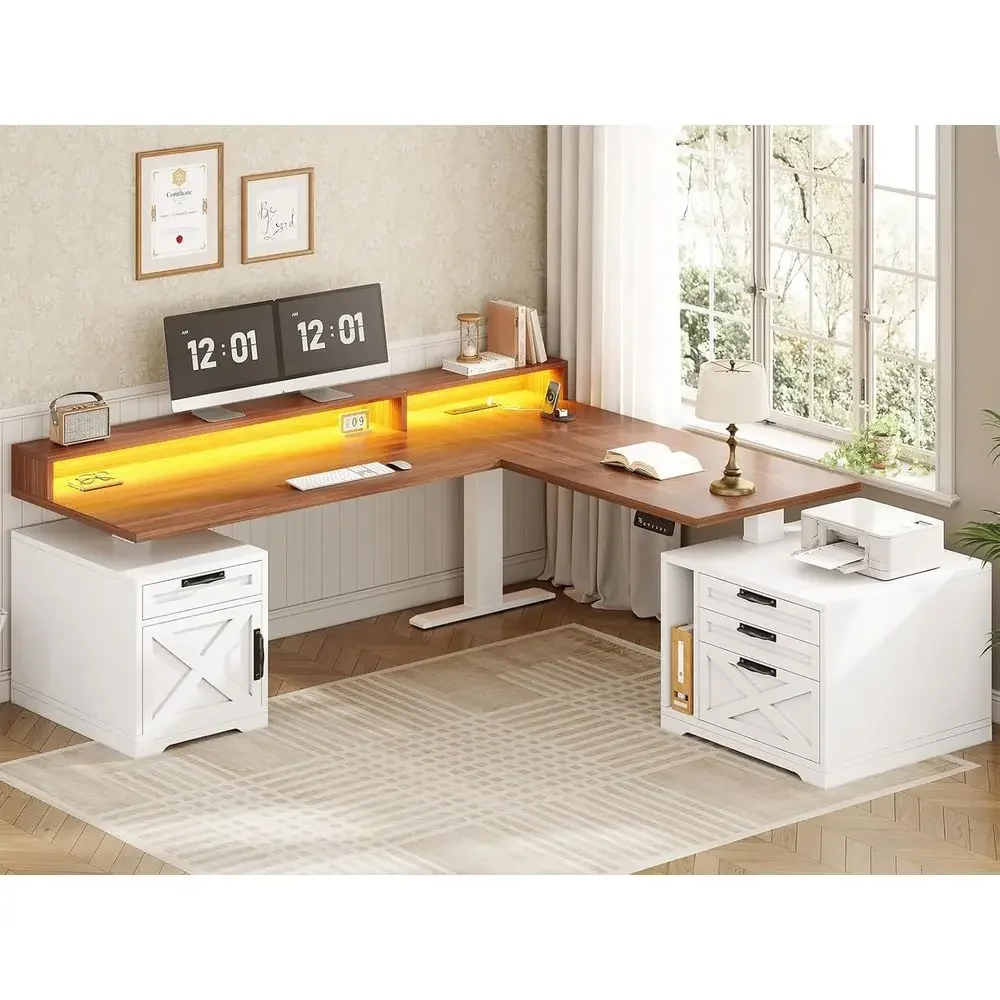 

L-Shaped Height Adjustable Standing Desk, 70.1 x 73.2, Desk with Drawers, Power Outlet, Monitor Stand, LED Lights, White for Hom
