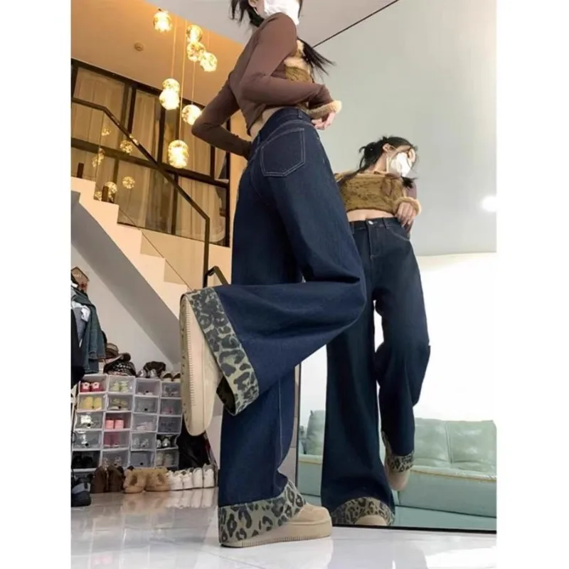 New Spring and Autumn Women's Leopard Print Jeans, Plus-size and Plump Girls Retro Floor-length Loose Slimming Wide-leg Pants