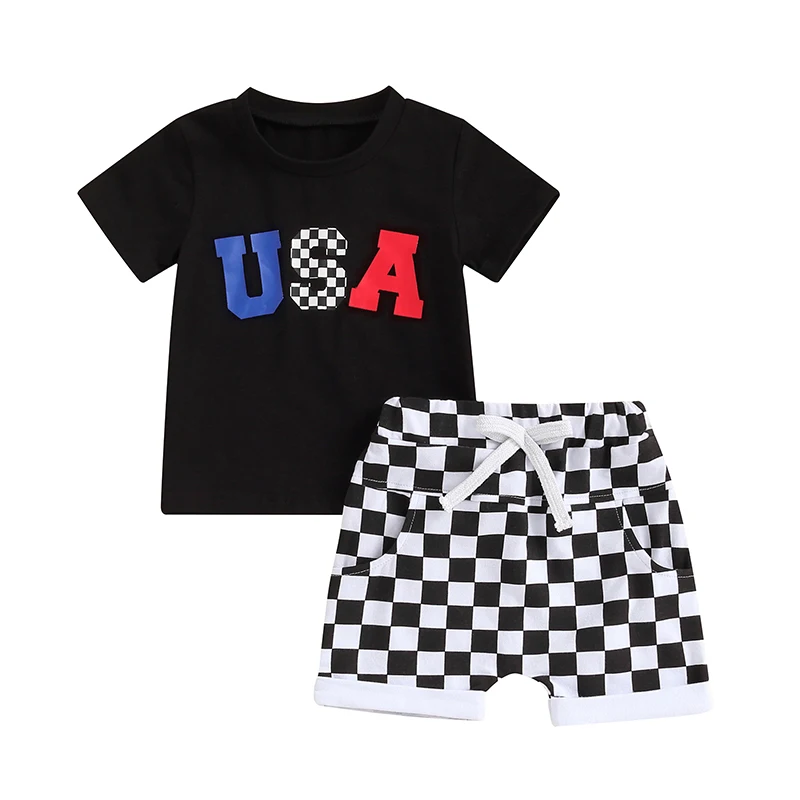 

SUNSIOM Toddler Boys Independence Day Outfits Letter Pattern Short Sleeve T-Shirts Checkerboard Print Shorts 2Pcs Clothes Set