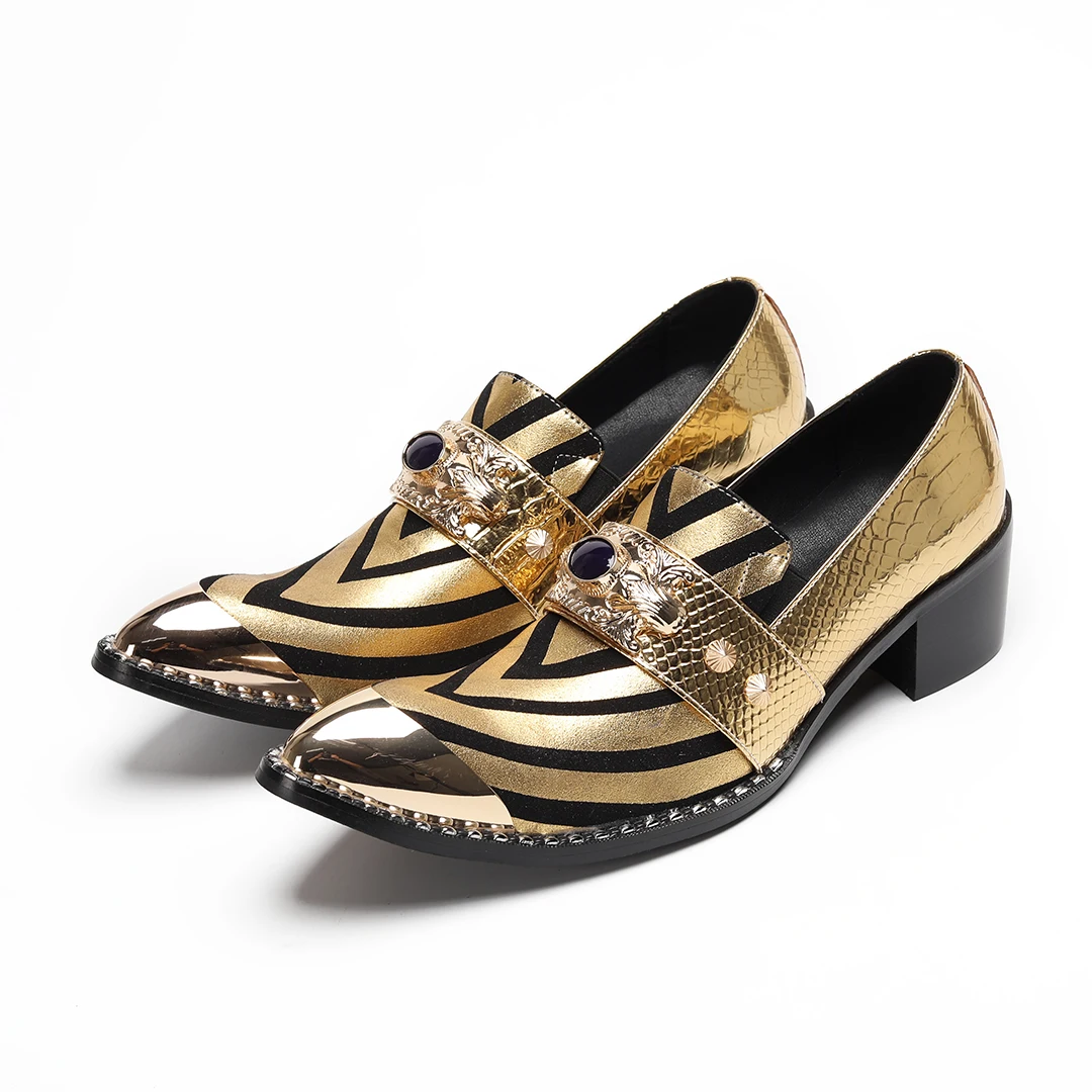 

Luxury Gold Metal Pointed Toe Genuine Leather Men Shoes Plus Size Formal Business Leather Shoes Slip on Male Party Dress Shoes