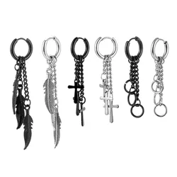 WKOUD 1 Pair Stainless Steel Earrings For Man/Women Feather Cross Pendant Long Tassel Unisex Hoop Punk Gothic Piercing Jewelry