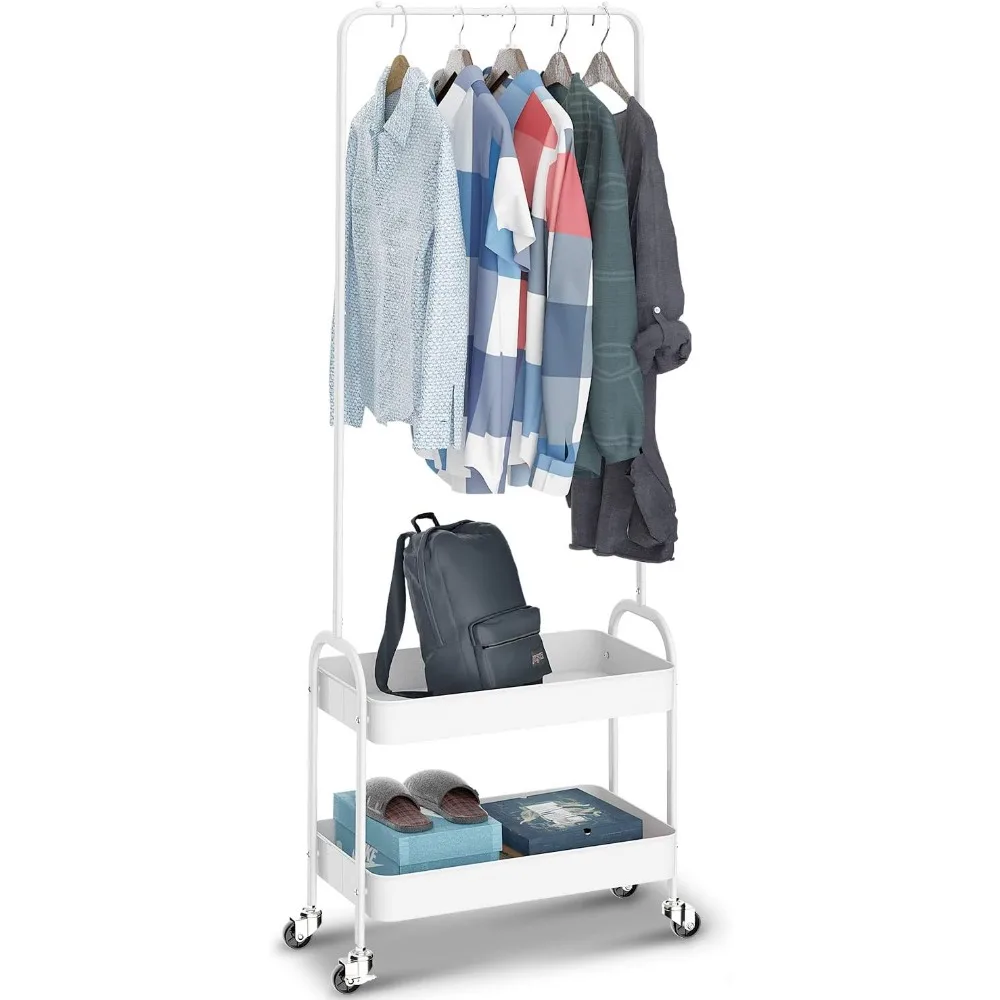 

KINGRACK 2-in 1 Garment Rack, Clothing Rack with 2 Tier Metal Basket, Rolling Storage Cart Clothes Organizer Coat Rack Storage