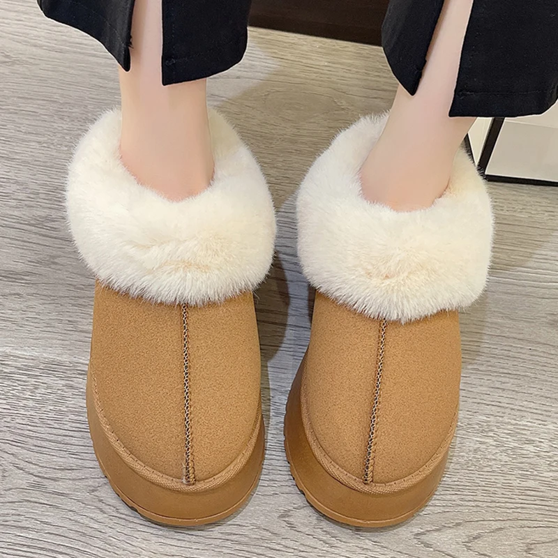 Zimowe ciepłe grube pluszowe grube platformy bawełniane kapcie damskie płaskie obcasy futrzane kapcie kobieta 2023, nowe puszyste buty ze sztucznego zamszu