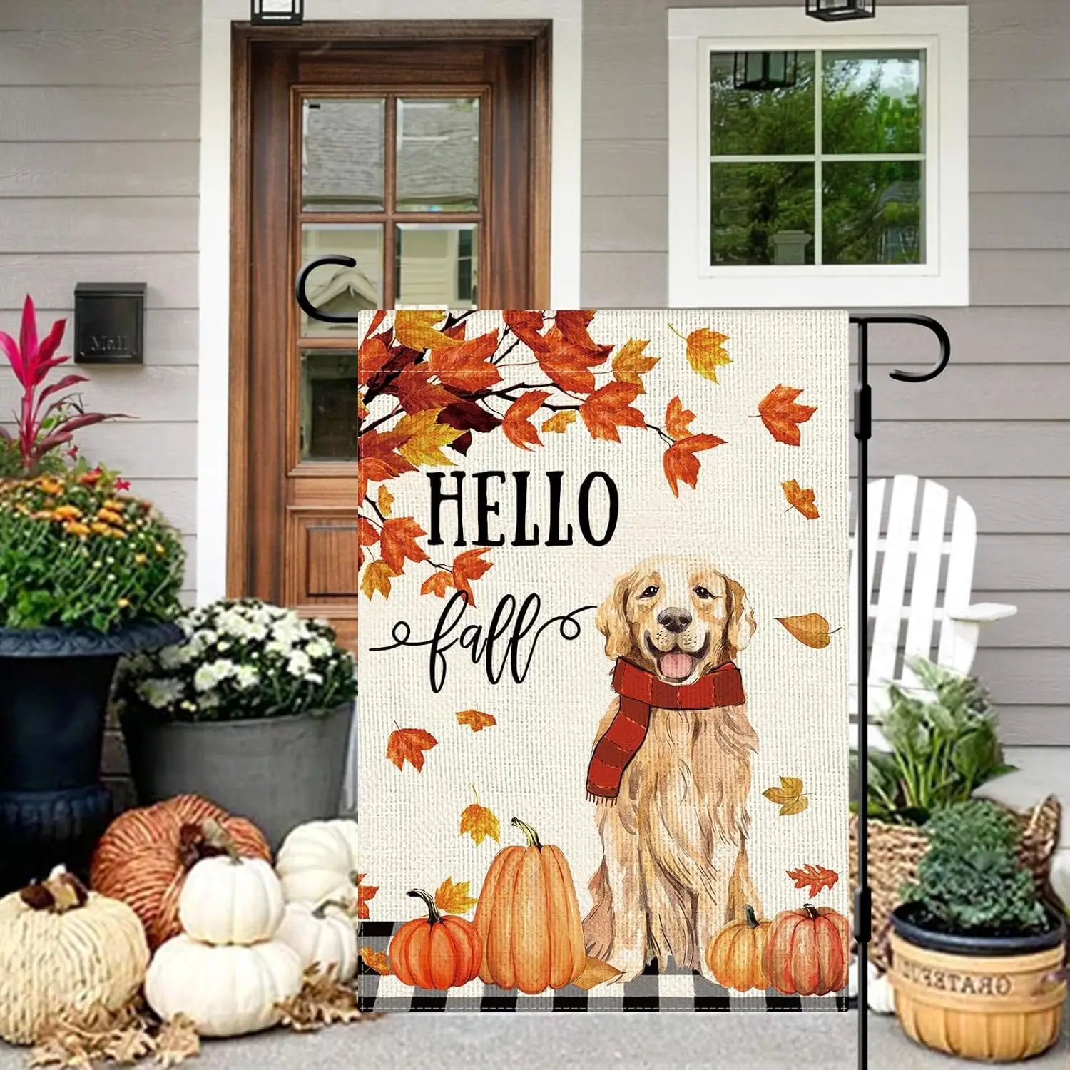 DLZDN Hello Fall Dog Garden Flag Autumn Golden Retriever Pumpkins Maple Leaves Flag 12×18 Inch Double Sided Buffalo Plaid Farmho