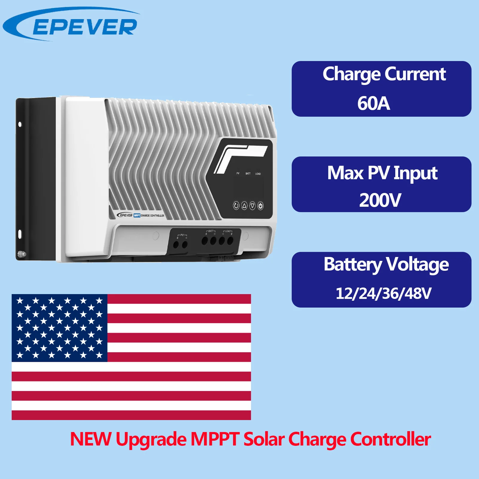 

EPEVER 60A MPPT Solar Charge Controller Max PV Input 200V Battery Voltage 12/24/36/48V