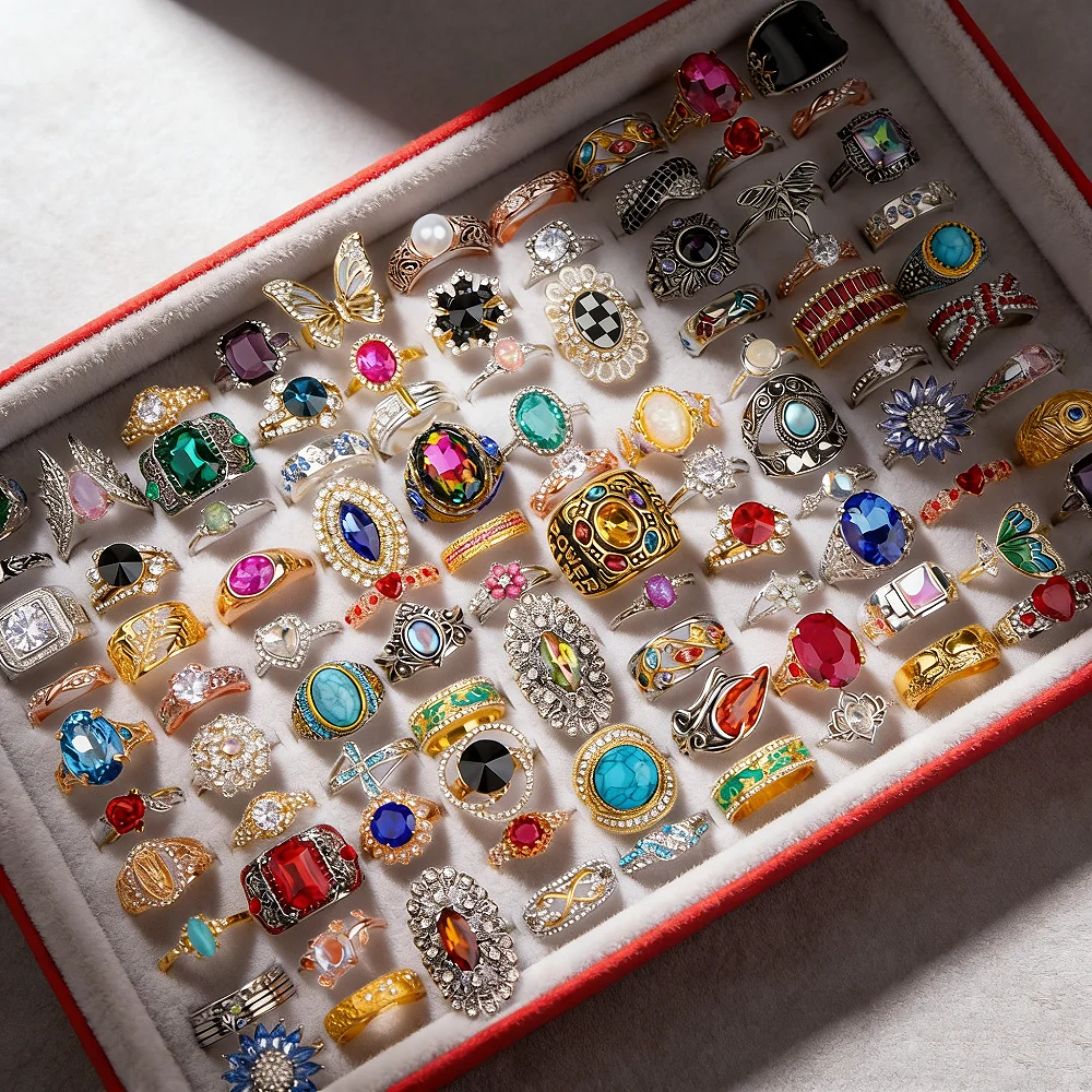 10/20/30/50Pcs/Lot Boho Fashion Luxury Colorful Rhinestone Rings Men Women Blingbling Jewelry Party Banquet Mixed Jewelry Gifts