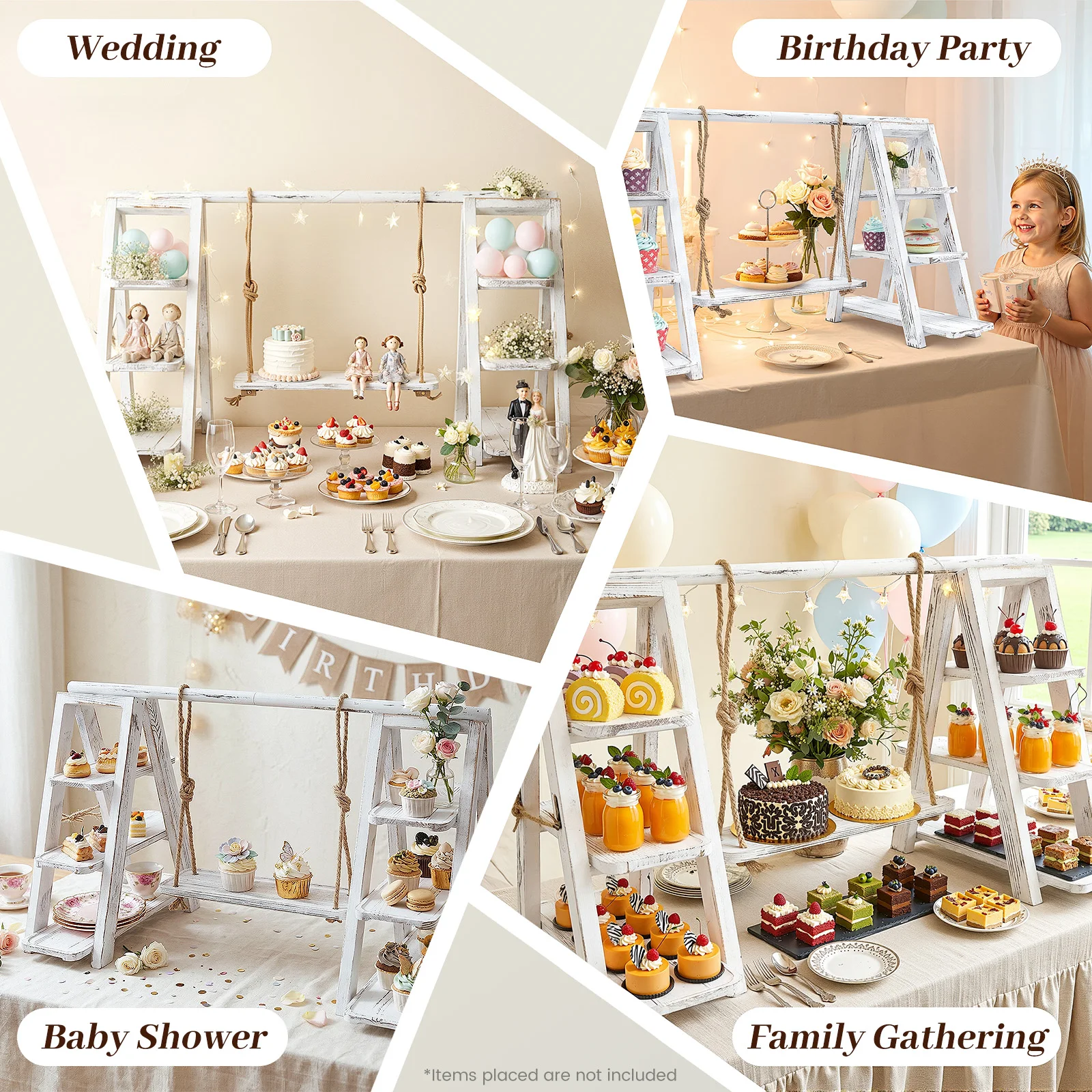 Wooden 3 Tier Cupcake Stand with Swing Serving Removable Tray Display Serving Ladder Foldable Stand with Serving Platter Tray Party Food Display Set - view 5