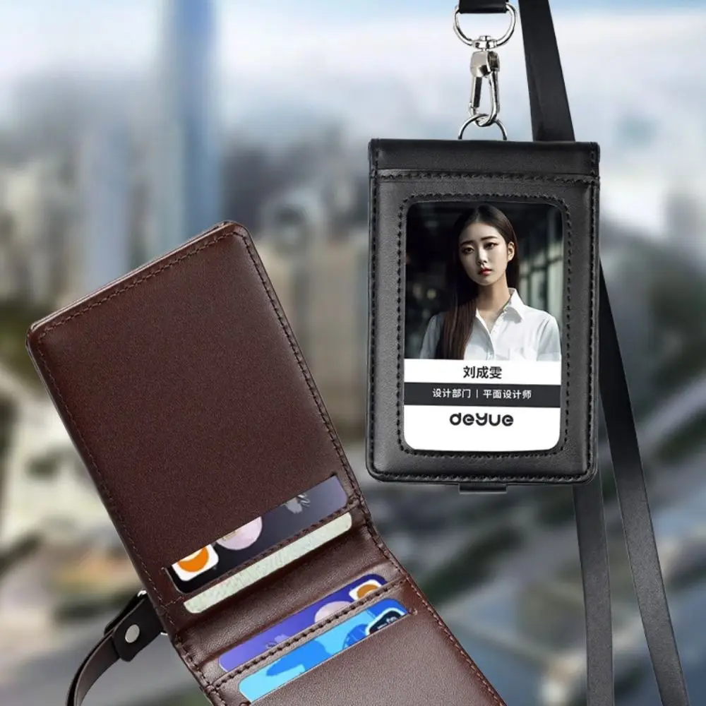 

Leather ID Tag Badge Holder Buckle Protective Employee Pass Work Card Case with Lanyard Photocard Flip Chest Card Bag