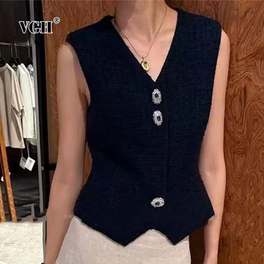 

VGH Solid Temperament Patchwork Button Slimming Vests For Women V Neck Sleeveless Summer Elegant Vest Female Fashion Style New