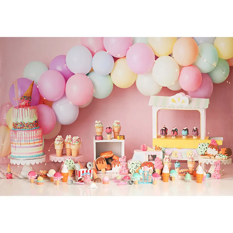 Avezano Photography Background Sweet Ice Cream Pink Balloon Girl 1st Birthday Portrait Cake Smash Backdrops For Photo Studio