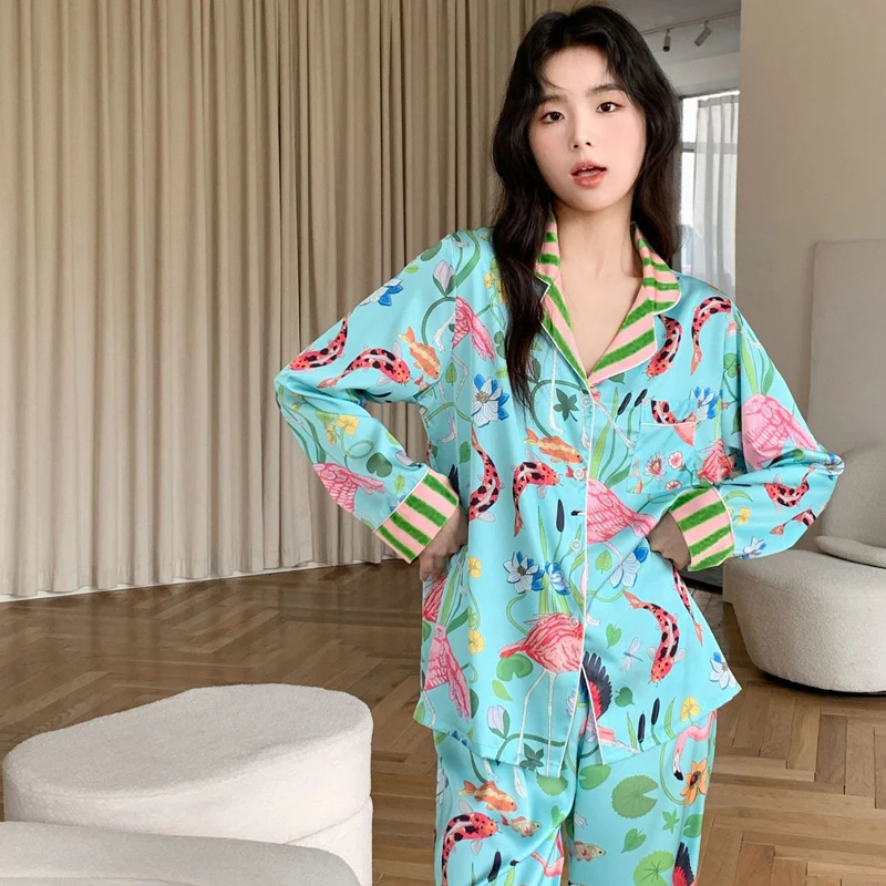 Spring Autumn New Ice Silk Soft Women\'s Pajamas Set Buttons Cardigan Womens 2 Piece Outfit Set Senior Printing Pajamas for Girls