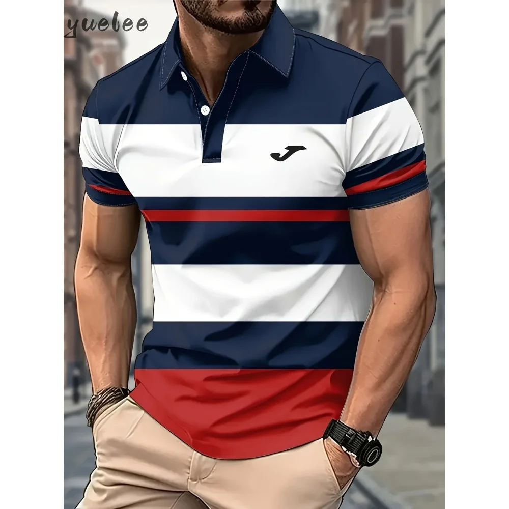 

Men's Polo Short Sleeved Chest Stripe Colour Men's Top Fashion Versatile Men's Polo Shirt Lapel Simple 3D Print Men Polo T-Shirt