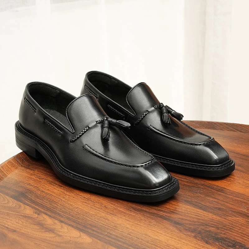 

Мужские туфли без шнурков из натуральной кожи, винтажные, высокого качества, класса люкс, классические, для торжественных случаев, элегантные, черные, из натуральной коровьей кожи